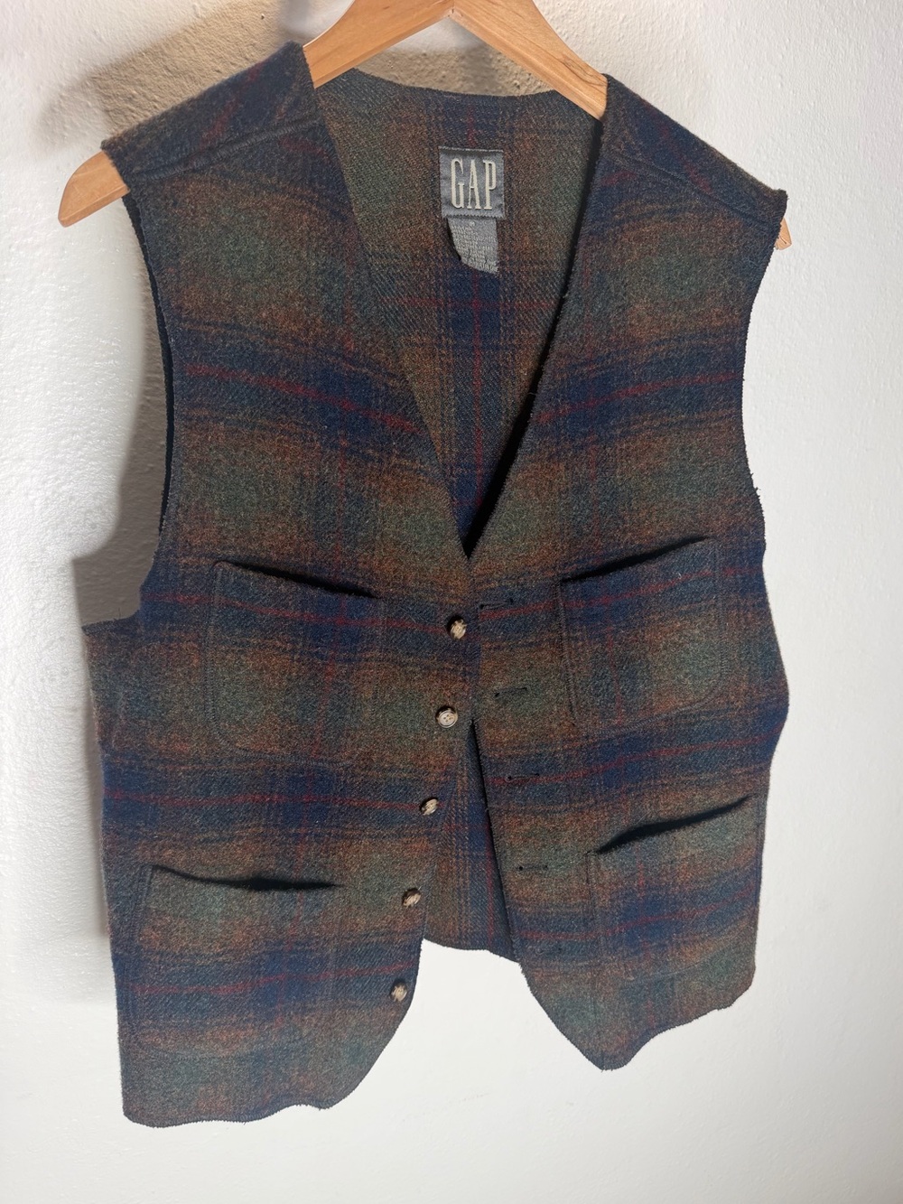 Vintage GAP Plaid Wool Blend Button Vest Medium.